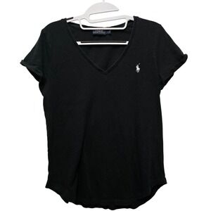 Polo Ralph Lauren Womens V-Neck T-Shirt Black Cotton Short Sleeve Pony Logo Sz M